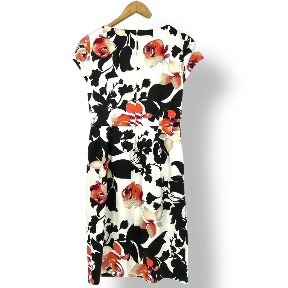 WHBM Floral Print Silky Cap Sleeve Scoop Neck Black White Coral Red/Pink Dress 6 - Picture 2 of 13